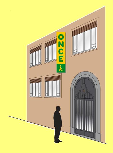 Persona delante de un edificio con el logotipo de la ONCE
