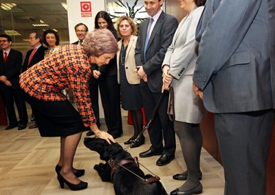 La reina se detiene a acariciar a un perro guía