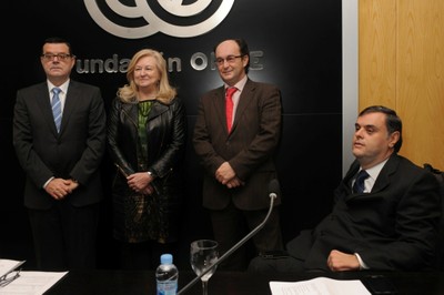 De izquierda a derecha: José Luis Martínez Donoso, Ana Aliaga, Santiago Moreno y Jesús Hernández en la presentación de la App "Medicamento accesible"