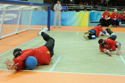 La selección española en un partido internacional de Goalball