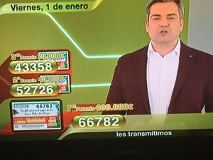 Álvaro Santos anunciando en Televisión los tres primeros premios del Extra de Navidad de la ONCE