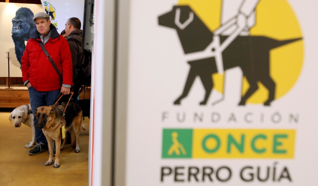Usuarios de perro guía a la entrada de la exposición instalada en el Zoo de Barcelona