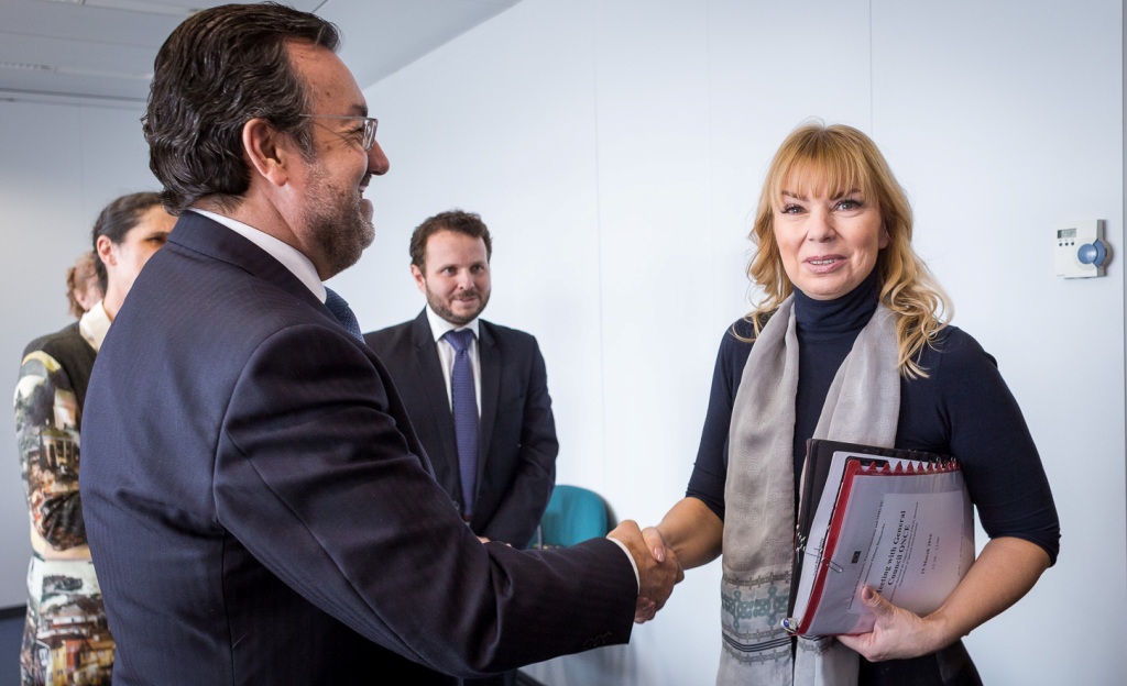 La comisaria Bienkowska saluda a Miguel Carballeda a su llegada a la reunión