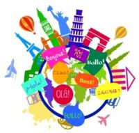 Montaje gráfico de monumentos e idiomas europeos
