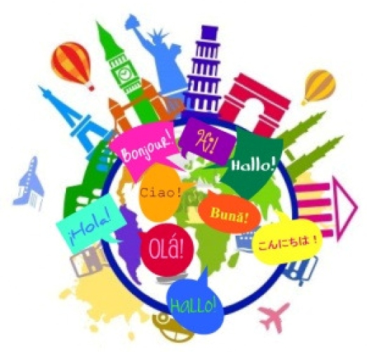 Montaje gráfico de monumentos e idiomas europeos