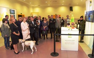 Autoridades, representantes de la ONCE y usuarios de perros guía en la inauguración de la exposición en Tenerife