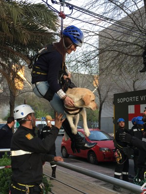Un último empujón permite a afiliada y perro acercarse tras el descenso a nivel de calle