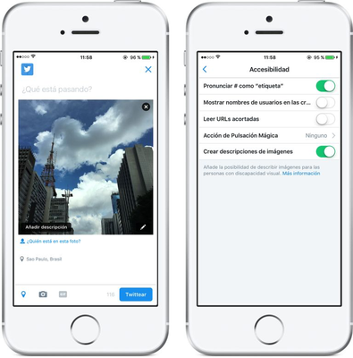 Pantalla de un smartphone con una imagen descrita y, a continuación, con la aplicación de Twitter 'Crear descripciones de imágenes' abierta 