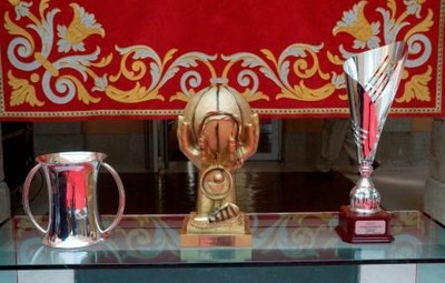 Los trofeos de Copa, Liga y Champions ganados por el ILUNION, expuestos en la sede del Gobierno de la Comunidad