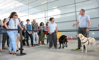 Demostración del trabajo con perros guía en las instalaciones de Telefónica