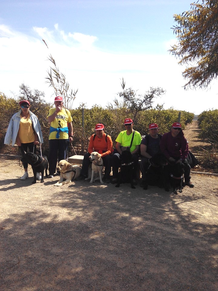 Seis afiliados junto a sus seis perros guía