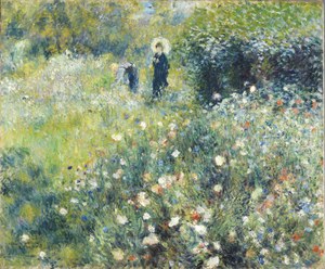 Mujer con sobrilla paseando por un jardín. Renoir