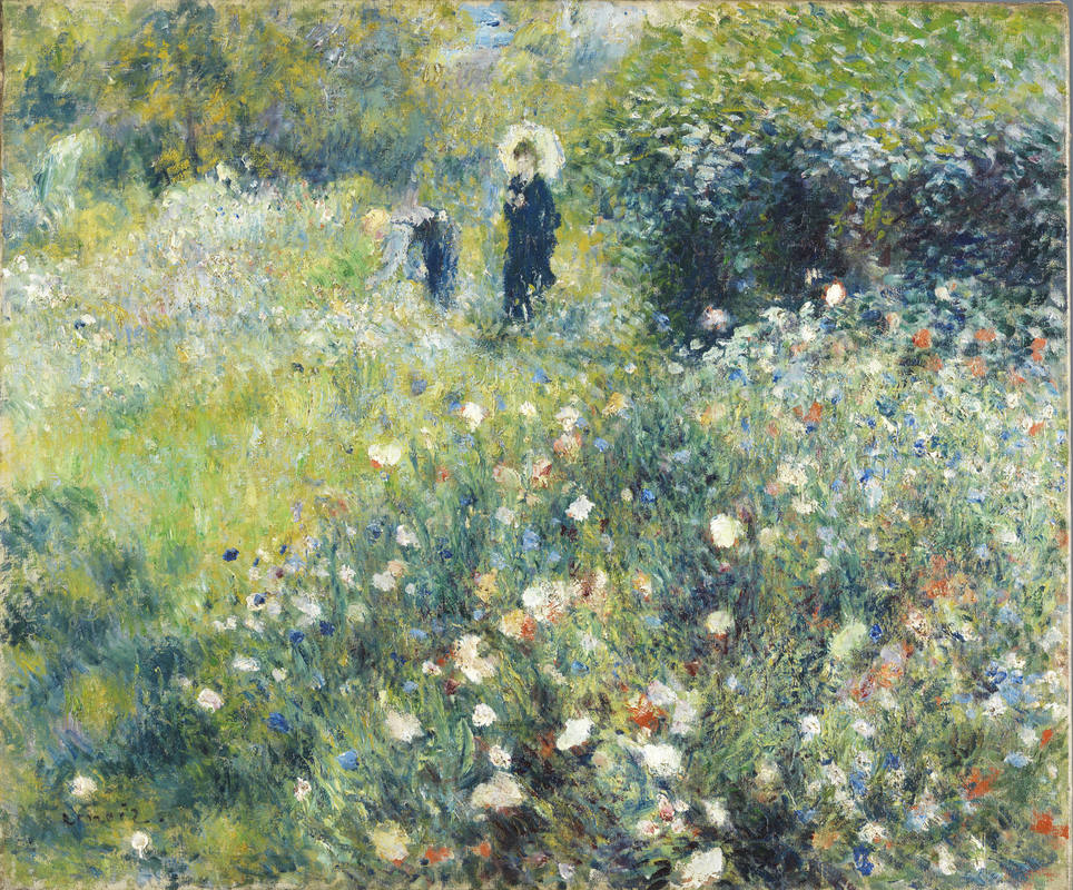 Mujer con sobrilla paseando por un jardín. Renoir