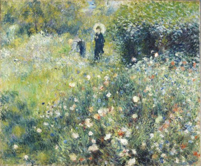 Mujer con sobrilla paseando por un jardín. Renoir