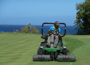 Un operario de ILUNION cuidando el césped del campo de golf tinerfeño