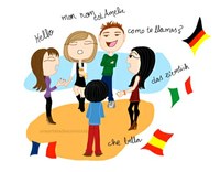 Dibujo alegórico de un grupo de chicos y chicas saludándose en distintos idiomas