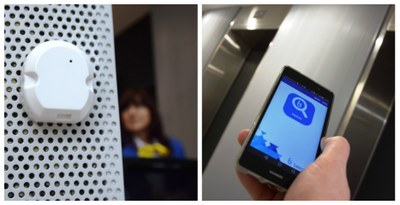 Una baliza de orientación (a la izquierda) y a la derecha manejo de la correspondiente aplicación en un terminal móvil