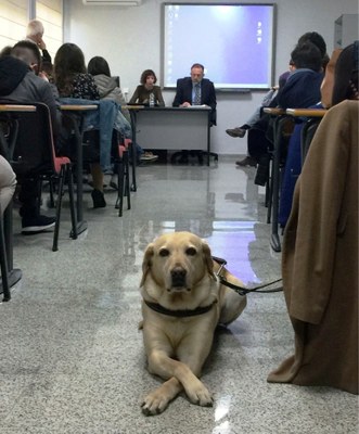 Javier Sainz de Murieta y Lara Rico, durante su conferencia; en primer plano el perro guía de uno de los asistentes