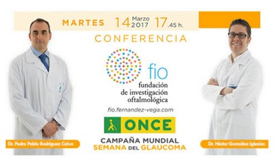 Cartel promocional de la conferencia de los doctores Rodríguez y González en la sede ovetense de la ONCE