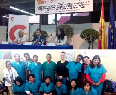 Carmen Peral (arriba a la derecha) y Carlos Quirós, junto a un grupo de personas capacitadas en masoterapia del Ágora en La Paz
