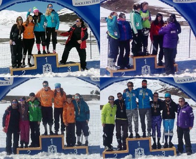 Montaje de los cuatro podios, femeninos (arriba) y masculinos, en la prueba del Gigante