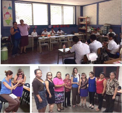 Collage fotográfico: arriba, imagen de un colegio rural de niños ciegos de El Salvador. Abajo, Amaya Granja en sendos momentos de un encuentro con mujeres emprendedoras ciegas quiromasajistas