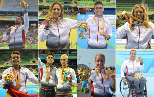 Composición gráfica: de arriba a abajo e izquierda a derecha los medallistas paralímpicos en Río Kim López, Nuria Marqués, Israel Oliver, Michelle Alonso, Óscar Salguero, Gerard Descarrega con su guía Marcos Blanquiño, Elena Congost y Teresa Perales  