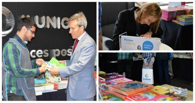 Montaje gráfico del estand de ILUNION para el Día del Libro, con imágenes de los materiales, de Alejandro Oñoro y de la escritora Cristina Valero