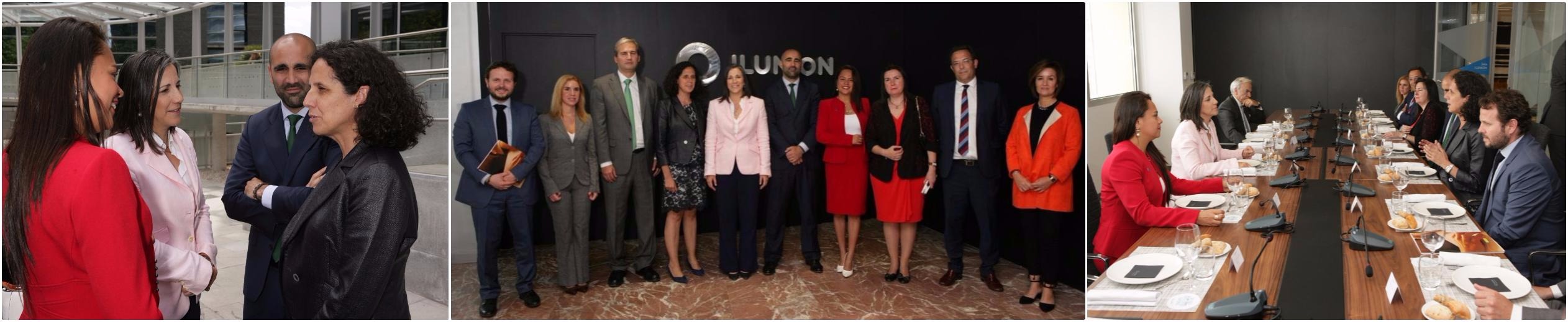 Collage de la visita a Torre Ilunion. Llegada de Mercedes Peñas, foto de familia de responsables y reunión anterior a la visita