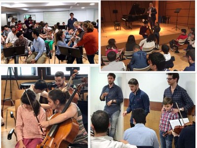 Collage con varios momentos de interacción entre los estudiantes ciegos y los alumnos y profesores de Música de la UAX