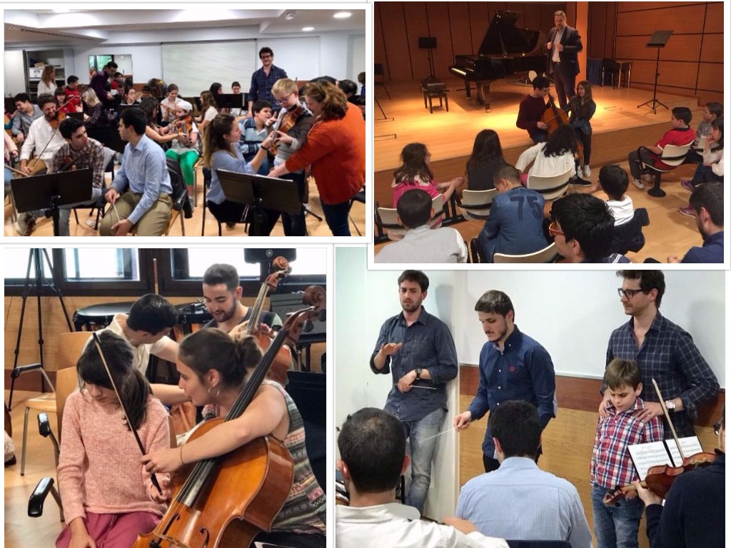 Collage con varios momentos de interacción entre los estudiantes ciegos y los alumnos y profesores de Música de la UAX