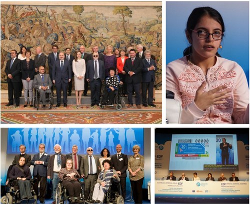 Collage fotográfico. De izquierda a derecha y de arriba a abajo: Audiencia en La Zarzuela de la reina Letizia; refugiada con discapacidad Nujeen Mustafa, Comité Ejecutivo del EDF y acto inaugural