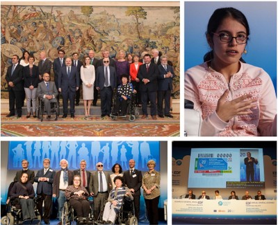 Collage fotográfico. De izquierda a derecha y de arriba a abajo: Audiencia en La Zarzuela de la reina Letizia; refugiada con discapacidad Nujeen Mustafa, Comité Ejecutivo del EDF y acto inaugural