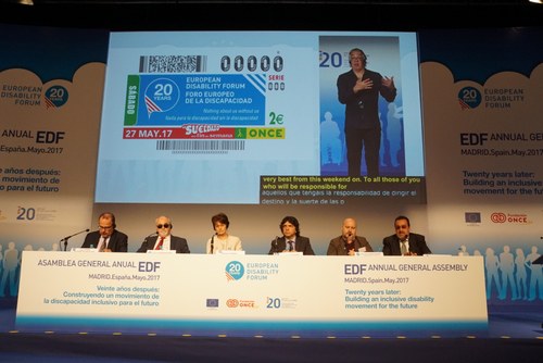 Mesa inaugural de la Asamblea. De izquierda a derecha: Luca Jahier, Vardakastanis, Marianne Thyssen, Mario Garcés, Luis Cayo Pérez y Miguel Carballeda
