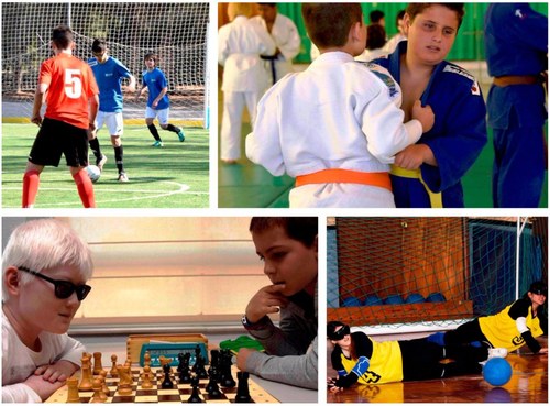 Collage fotográfico (de arriba a abajo y de izquierda a derecha) fútbol, judo, ajedrez y goalball.jpg