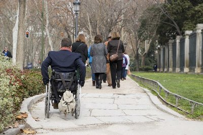 Persona con discapacidad en silla de ruedas, de espaldas.
