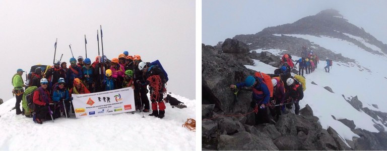 Collage gráfico: a la derecha, el grupo en la cima; a la izquierda, un momento de la dura ascensión 