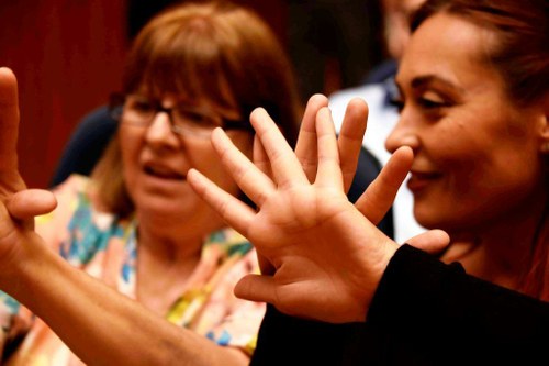 Primer plano de las manos de Sabrina Fuentes, mediadora de la sordociega valenciana Ana Piernas