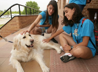 Dos jóvenes participantes del certamen acarician a uno de los perros guía tumbado a sus pies