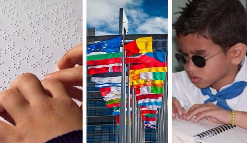 Collage de fotos con vistas del Parlamento en Estrasburgo y personas leyendo en braille