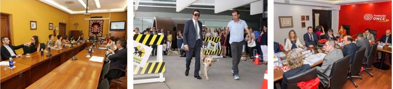 Collage de imágenes, de izquierda a derecha, Patronato de FOAPS; exhibición de perros guía en el Campus Repsol y Patronato de Fundación ONCE