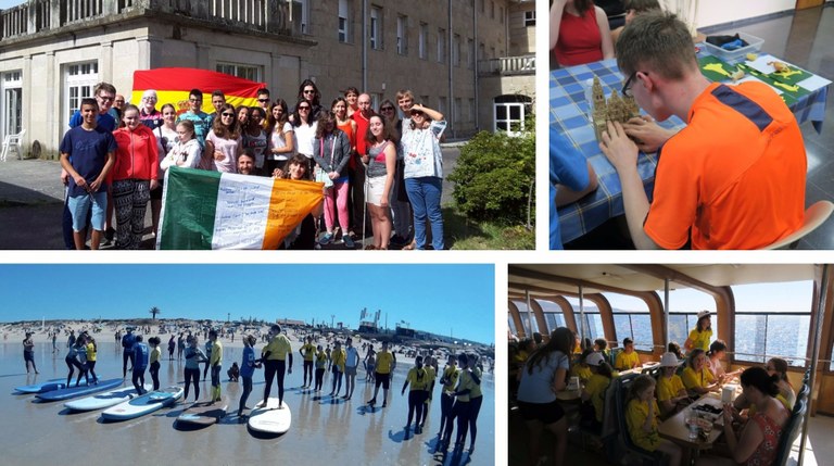 Collage de imágenes (de izda a dcha y de arriba a abajo) grupo de jóvenes en Pontevedra con las banderas española e irlandesa; joven en el taller de tacto practicando surf y paseo en barco