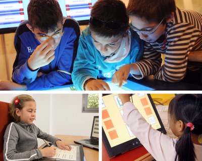 Collage de imágenes de escolares manejando herramientas educativas digitales
