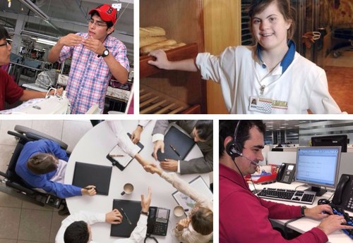 Collage de imágenes de trabajadores con distintas discapacidades en sus puestos de trabajo
