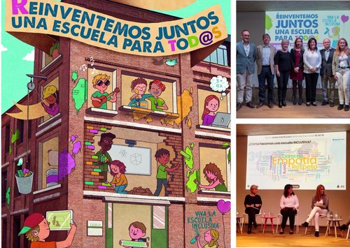 De izd. a dcha.  y de arriba a abajo, cartel oficial del 34 Concurso Escolar, autoridades participantes en la inauguración y debajo una de las mesas de las jornadas
