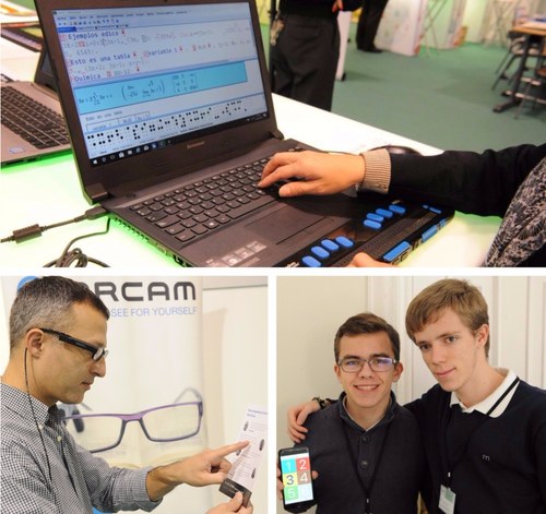 Arriba, editor científico Edico. Abajo, dispositivo para gafas Orcam y Gonzalo y Miguel muestran la app Metrociego