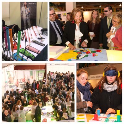Collage de imágenes de la feria. Arriba a la derecha la secretaria Carmen Vela y los directivos de la ONCE en el expositor del CIDAT