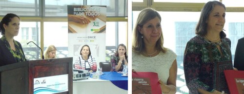 A la izquierda, Ana Peláez durante el acto de donación. Y a la derecha, Laura Rodríguez  y la primera dama, Mercedes Peñas, muestran uno de los ejemplares en braille