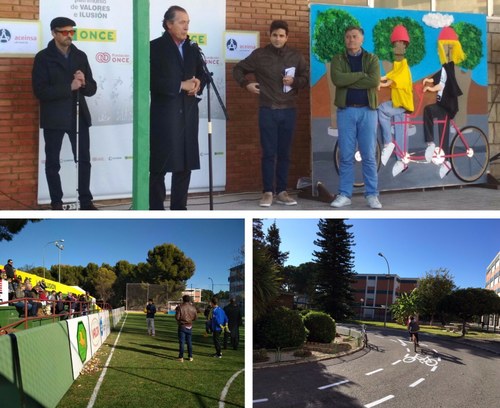 Collage de imágenes: arriba acto  inaugural, y abajo actividades de fútbol y carril bici del Estadio