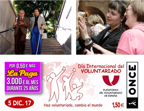 Cupon dedicado a los voluntarios y dos voluntarios haciendo su labor de acompañamiento a personas ciegas